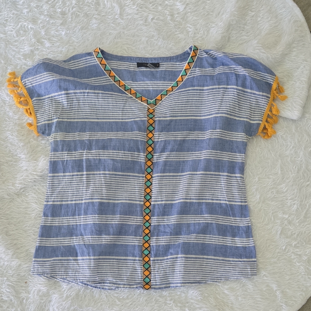 THML Blue and White Ruffled Blouse with Gold Neckline